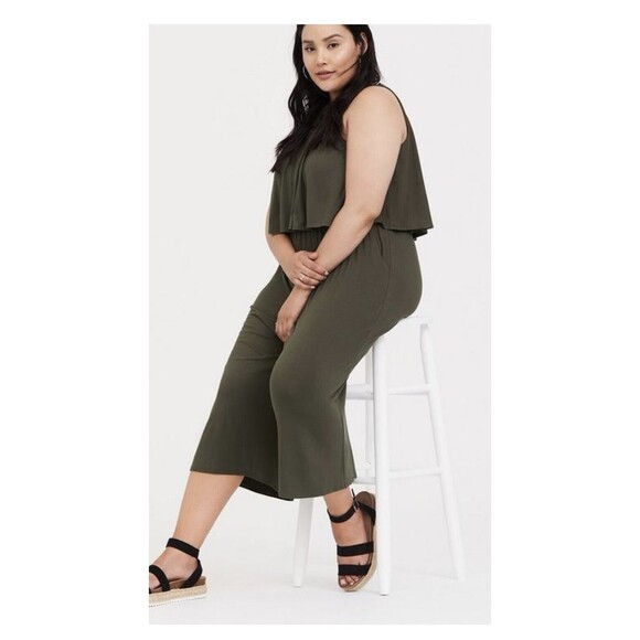 TORRID WOMENS Olive Green Jersey Flounce Culotte Jumpsuit SIZE 2 - Picture 2 of 15